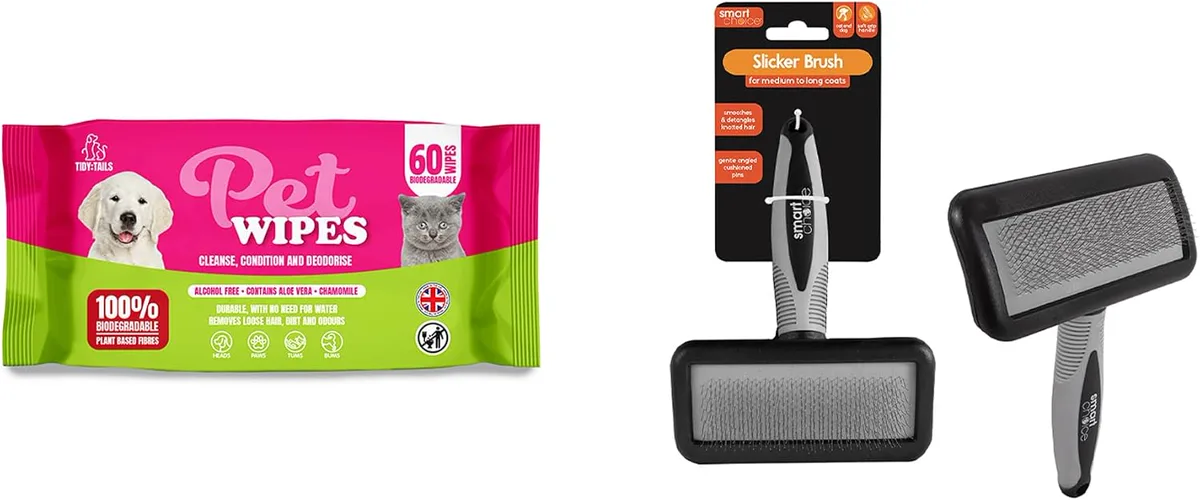 Cat grooming set with pet wipes and a slicker brush