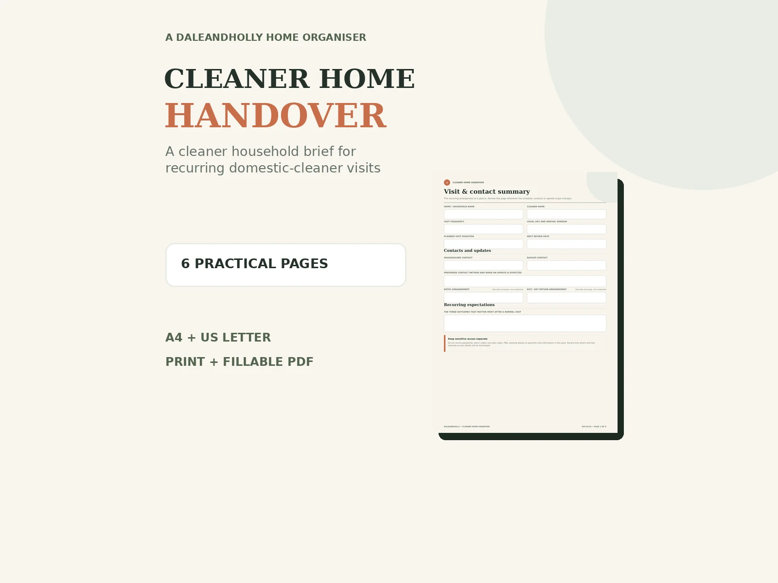 Cream, sage and terracotta preview of the Cleaner Home Handover Pack