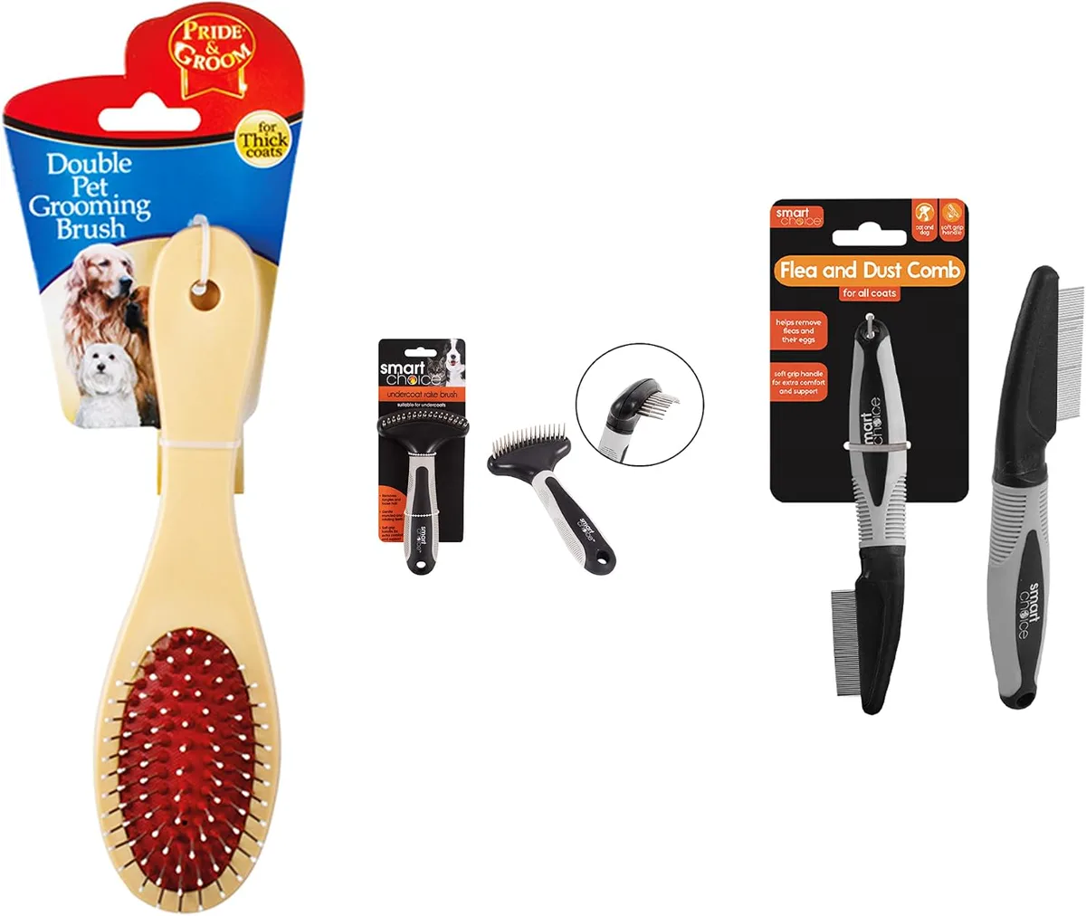Dog coat care set with double-sided brush, undercoat rake and fine-tooth comb