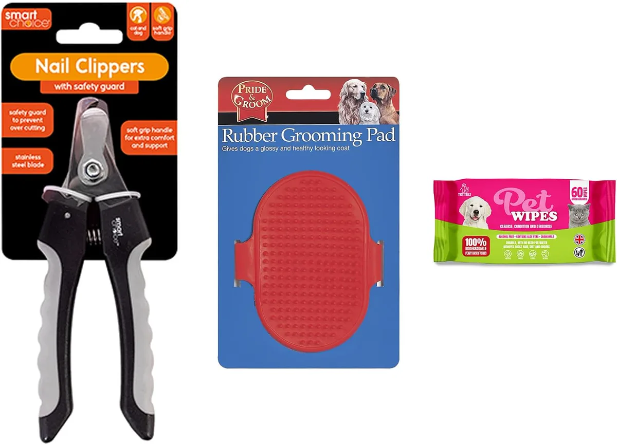 Dog paw care set with nail clippers, rubber grooming pad and pet wipes