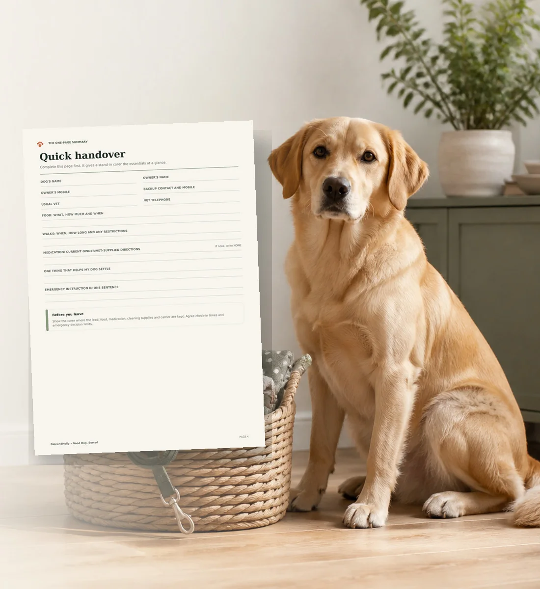 Golden dog beside a preview of the Good Dog, Sorted quick handover page