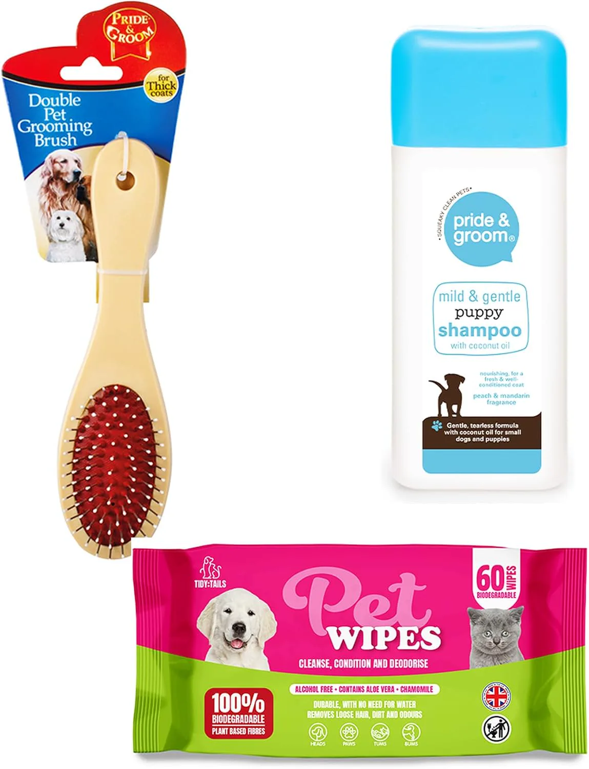 Puppy grooming kit with brush, puppy shampoo and pet wipes
