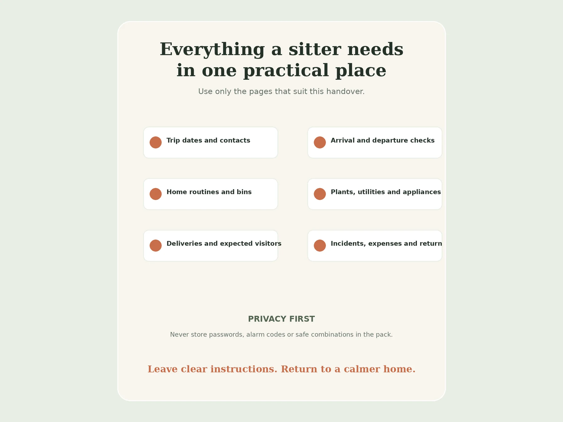 Summary of sections included in the handover pack