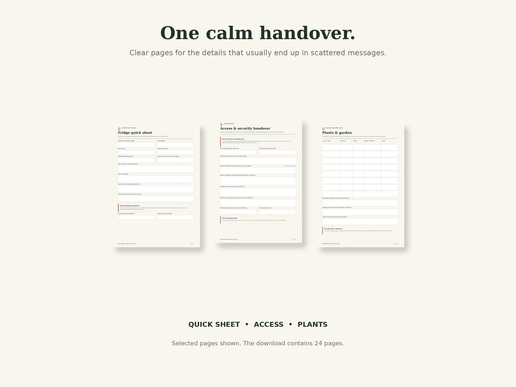 Selected pages from the While We’re Away handover pack